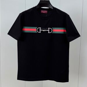 Gucci Black Tee with Green and Red Web and Silver Horsebit